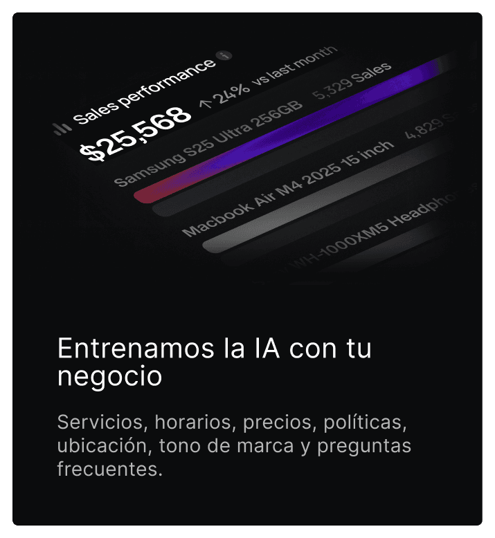 Entrenamos la IA con tu negocio — Servicios, horarios, precios, políticas, ubicación, tono de marca y preguntas frecuentes.