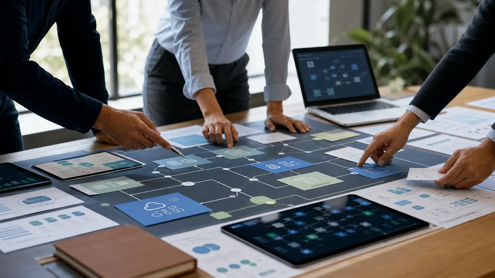 Business leaders reviewing workflows and performance data during a digital transformation strategy session